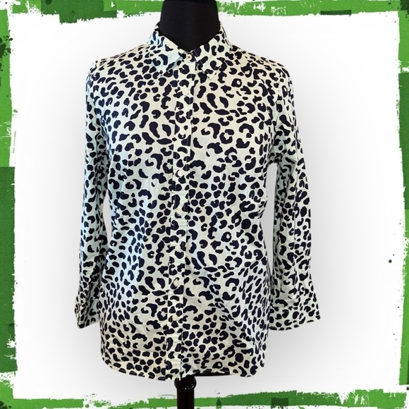 TALBOTS CLASSIC COTTON SHIRT - GRAPHIC CHEETAH Willow Green/Navy Plus 1X - Picture 1 of 12